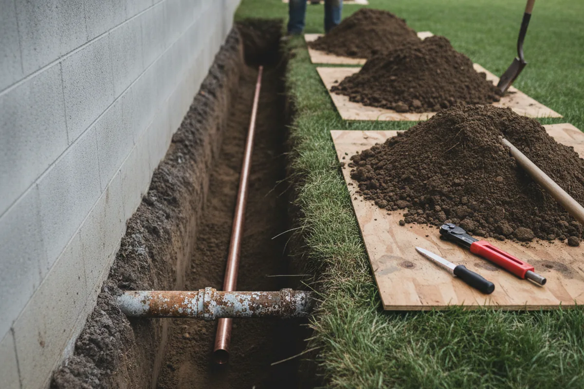 Excavated water line trench during Sewer Line Repair in Loda